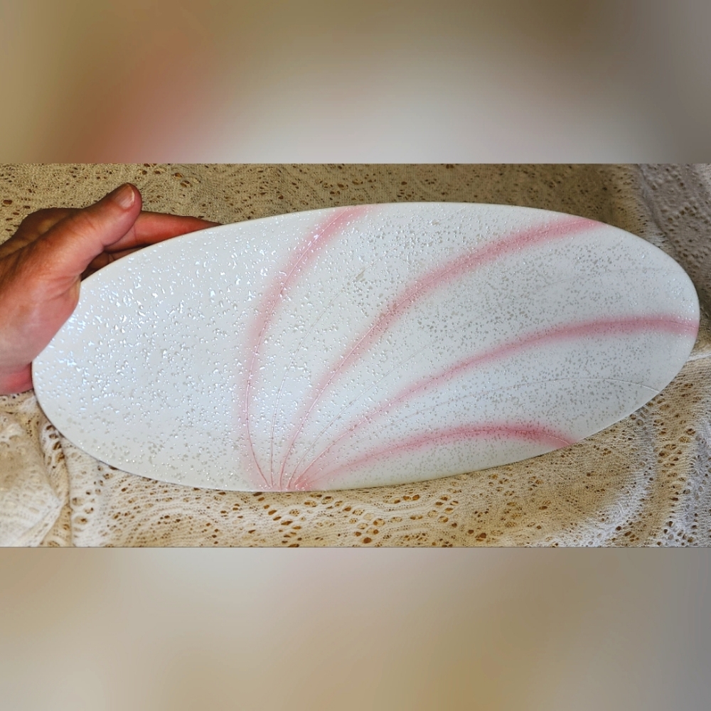 Cream and Pink oblong tray, ceramic, has textured surface